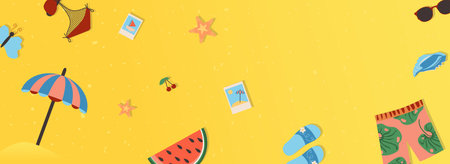Summer vacation horizontal web banner. Swimsuit, umbrella, watermelon, photo, flip flops, shorts, sunglasses, travel to resort. Illustration for header website, cover templates in modern designの写真素材