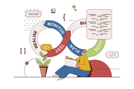 DevOps concept with character situation in flat design. Woman developer working on project, launching and developing product, testing and coding apps. Vector illustration with people scene for webのイラスト素材