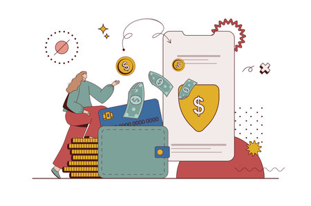 Money transfer concept with character situation in flat design. Woman makes financial transactions and manages account and digital wallet in application. Vector illustration with people scene for webのイラスト素材