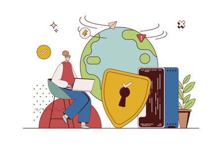 Network security concept with character situation in flat design. Woman using secure login and password protection on internet, protecting information. Vector illustration with people scene for webのイラスト素材