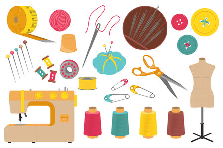 Sewing tools set graphic elements in flat design. Bundle of measuring tape, sew machine, thread, thimble, needle, buttons, pins, scissors, mannequin and other. Illustration isolated objectsの写真素材