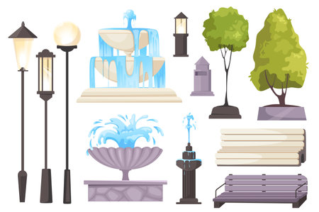 City park elements set graphic elements in flat design. Bundle of different types of street lamp and lanterns, fountains with water splashes, trees and benches. Vector illustration isolated objectsのイラスト素材