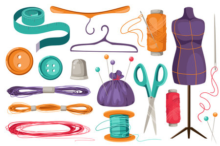 Sewing tools set graphic elements in flat design. Bundle of measuring tape, hangers, spool thread, needles, mannequin, buttons, thimble, pins, scissors and other. Vector illustration isolated objectsのイラスト素材