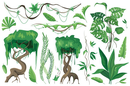 Tropical plants and lianes set graphic elements in flat design. Bundle of different type exotic trees and leaves, wild flora and other green jungle foliage. Vector illustration isolated objectsのイラスト素材