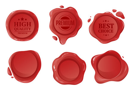 Wax seal set graphic elements in flat design. Bundle of red round shapes decorative seals with empty space or inscriptions, postage and mail sealing stamps. Vector illustration isolated objectsのイラスト素材