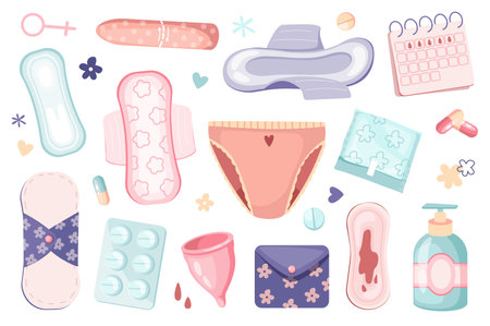 Women period set graphic elements in flat design. Bundle of tampons and pads, calendar, birth control pills, intimate gel, menstrual cup, female panty and other. Vector illustration isolated objectsのイラスト素材
