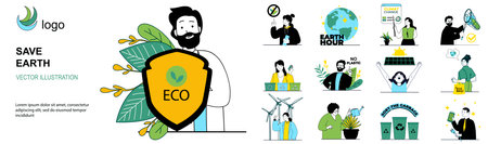 Save Earth concept with character situations collection. Bundle of scenes people protect nature, separate waste, use alternative energy, fight climate change. Vector illustrations in flat web designのイラスト素材