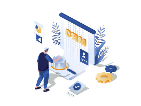 Customer relationship management concept 3d isometric web scene. People using CRM tools for planning strategy, data analyzing, working with database. Vector illustration in isometry graphic designのイラスト素材