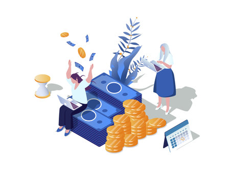 Easy loan concept 3d isometric web scene. People get instant personal bank loan and using special financial credit program for secure finance investment. Vector illustration in isometry graphic designのイラスト素材