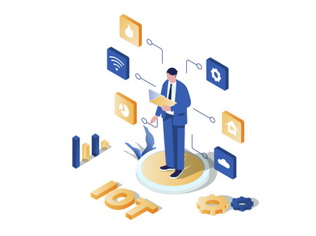 IOT analytics concept 3d isometric web scene. People working with data collected from different IOT devices, using database and cloud processing data. Vector illustration in isometry graphic designのイラスト素材
