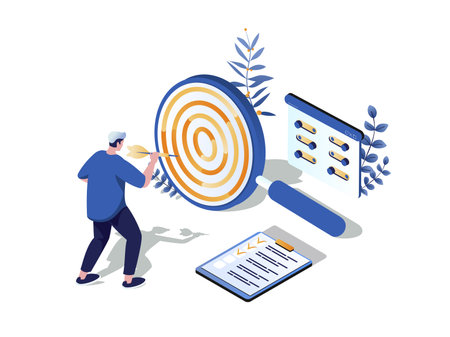 Setting goals concept 3d isometric web scene. People create strategy and planning tasks, making to do list, targeting and achieving different goals. Vector illustration in isometry graphic designのイラスト素材