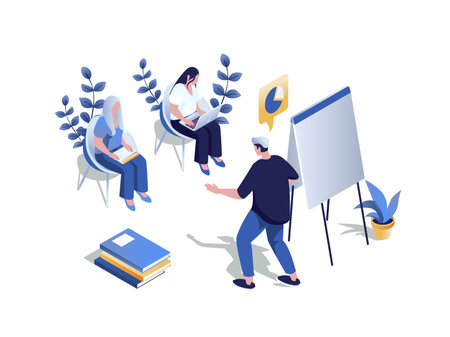 Training course concept 3d isometric web scene. People listening business coach with presentation, improve their skills and developing careers growth. Vector illustration in isometry graphic designのイラスト素材