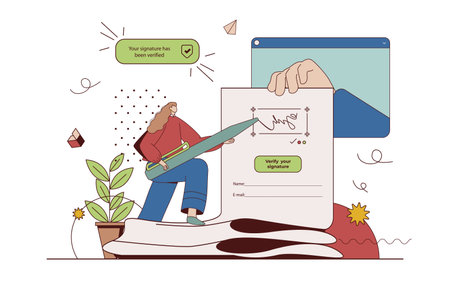 Electronic contract concept with character situation in flat design. Woman signing digital agreement form with e-signature, making business deal online. Illustration with people scene for webの写真素材