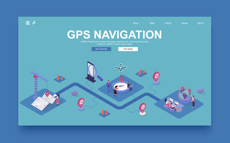 GPS navigation concept 3d isometric landing page template. People use online maps in applications, create and track routes with location search. Vector illustration in isometry graphic design.のイラスト素材