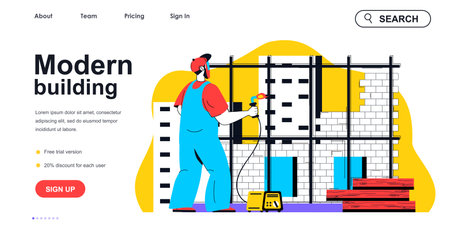 Modern building concept for landing page template. Builder working and welding metal structures. Real estate construction people scene. Vector illustration with flat character design for web bannerのイラスト素材