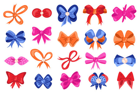 Bows mega set elements in flat design. Bundle of different types and colors decorative bows for gifts, invitation greetings and decorating packages. Vector illustration isolated graphic objectsのイラスト素材
