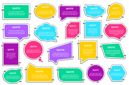Quote bubbles mega set elements in flat design. Bundle of different shapes and colors templates for text quotation, textbox comment frames in comma marks. Vector illustration isolated graphic objectsのイラスト素材