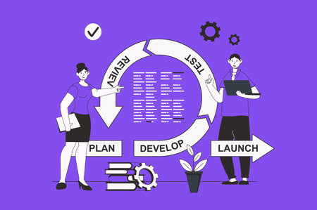 Agile development web concept with character scene in flat design. People working and develop software, test, review and other devops cycle. Vector illustration for social media marketing material.のイラスト素材