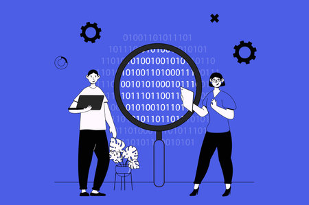 Big data analytics web concept with character scene in flat design. People working with statistics data, marketing research and making report. Vector illustration for social media marketing material.のイラスト素材