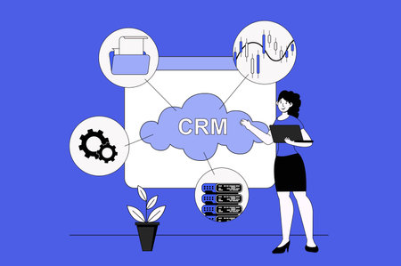 Customer relationship management web concept with character scene in flat design. People using CRM tools for planning strategy and working. Vector illustration for social media marketing material.のイラスト素材