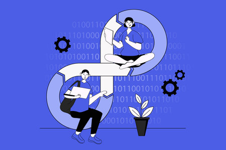 Devops web concept with character scene in flat design. People creating software and using development operations system for communication. Vector illustration for social media marketing material.のイラスト素材