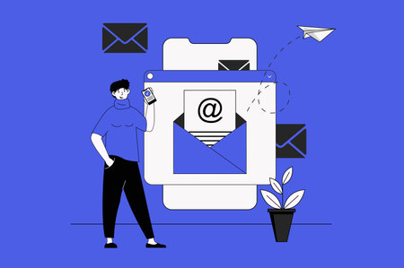 Email web concept with character scene in flat design. People sending new letters from mailbox, using online correspondence in mobile apps. Vector illustration for social media marketing material.のイラスト素材