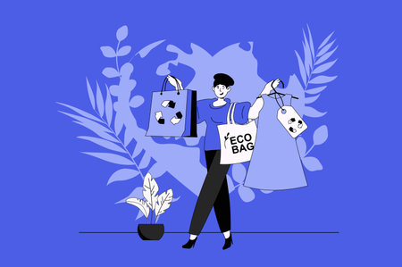 Sustainable shopping web concept with character scene in flat design. People choosing eco friendly shop, buying clothes with recycling textile. Vector illustration for social media marketing material.のイラスト素材
