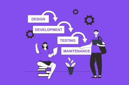 Waterfall development web concept with character scene in flat design. People use data visualization plan with steps for programming workflow. Vector illustration for social media marketing material.のイラスト素材
