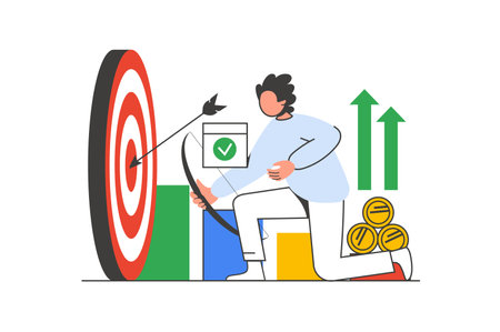 Business target outline web concept with character scene. Man hitting aim and achieving financial goals. People situation in flat line design. Vector illustration for social media marketing material.のイラスト素材