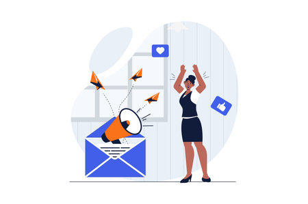Social media marketing web concept with character scene. Woman making online promotion with promo newsletters. People situation in flat design. Vector illustration for social media marketing material.のイラスト素材