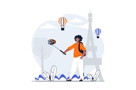 Travelling web concept with character scene. Man traveler with camera taking selfie in Paris near landmark. People situation in flat design. Vector illustration for social media marketing material.のイラスト素材