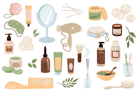 Bathroom items mega set graphic elements in flat design. Bundle of creams, mirror, cotton buds, cosmetics, sleep mask, lotion, hair dryer, massage brush, other. Vector illustration isolated objectsのイラスト素材