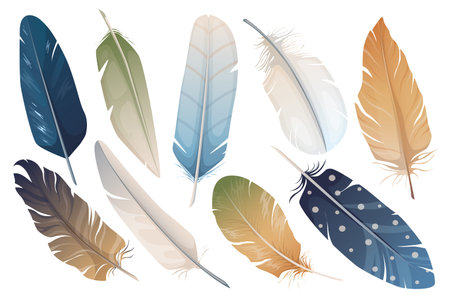 Realistic feathers mega set graphic elements in flat design. Bundle of different types and colors bird fluffy feathers for decoration templates in boho and other. Vector illustration isolated objectsのイラスト素材