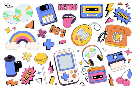 90s retro style mega set graphic elements in flat design. Bundle of music discs, floppy disk, mouth with tongue, cassette, toys and devices, rainbow, candy, other. Vector illustration isolated objectsのイラスト素材
