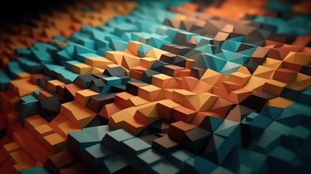 Abstract background with colorful geometric print with rough surface, sharp pieces of cubes and other geometric shapes structure composition. Horizontal illustration for banner design. Generative AI.の素材