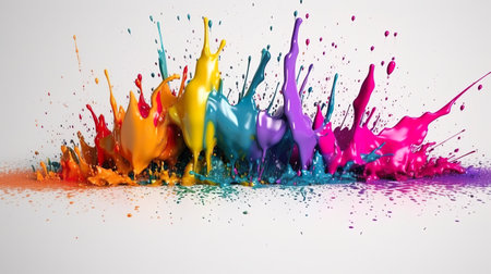 Abstract background with colorful acrylic paint explosion with splashing drops. Dynamic liquid motion and spray effect wallpaper template. Horizontal illustration for banner design. Generative AI.の素材