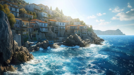 Abstract background with seascape with mountains cliffs with city houses with ocean waves view on rocks. Summer sea landscape wallpaper. Horizontal illustration for banner design. Generative AI.の写真素材