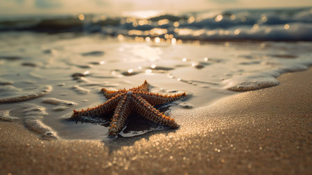 Abstract background with closeup starfish laying on sandy beach, ocean waves on sunny day with sunset light. Summer sea landscape wallpaper. Horizontal illustration for banner design. Generative AI.の写真素材