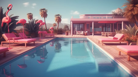Abstract background with pink private villa or hotel exterior with pool, sunbeds with flamingos and palm trees. Summer resort wallpaper. Horizontal illustration for banner design. Generative AI.の素材