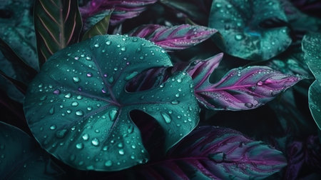 Abstract background with closeup view on green leaves of monstera and purple plants in drops. Summer wallpaper with dew on jungle foliage. Horizontal illustration for banner design. Generative AI.の写真素材