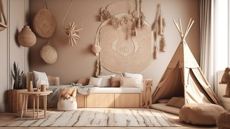 Children room modern interior design. Kid bedroom in boho style with play tent, pillows and toys on sofa, wooden decor. Contemporary home space with furniture illustration background. Generative AI.の写真素材