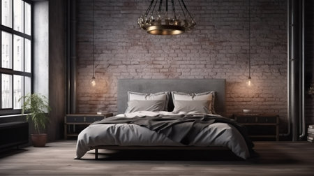 Bedroom modern interior design. Room in loft style with grey bed, brick wall, wooden floor, window, lamps and decor. Contemporary home space with furniture illustration background. Generative AI.の素材