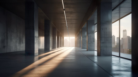 Empty hall with columns modern interior design. Industrial room with concrete walls and floor, panoramic windows with city view. Contemporary gallery space illustration background. Generative AI.の素材