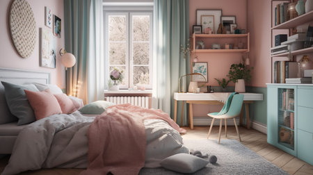 Teenage girl bedroom bedroom modern interior design. Cute room with pink and blue furnishing, desk and chair, bookshelf. Contemporary home space with furniture illustration background. Generative AI.の写真素材