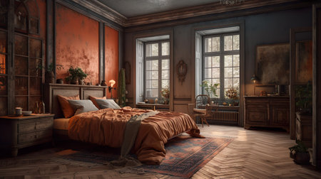 Bedroom modern interior design. Vintage room with orange grunge wall, windows, wooden parquet, bed and furnishing, decor. Contemporary home space with furniture illustration background. Generative AI.の素材
