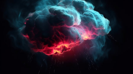 Abstract background with dark dramatic clouds with drops and glowing red and blue colors. Stormy...