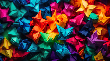 Abstract background with many colorful paper origami toys texture. Japanese handmade paper figures in close up view decorative wallpaper. Horizontal illustration for banner design. Generative AI.の写真素材