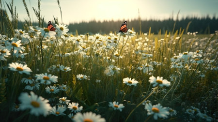 Abstract background with flying butterfly on daisy meadow in soft sunlights. Field with chamomile flowers and monarch butterflies wallpaper. Horizontal illustration for banner design. Generative AIの写真素材