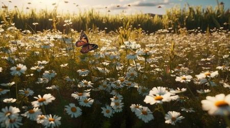 Abstract background with flying butterflies on daisies field panorama. Chamomile flowers and grass...
