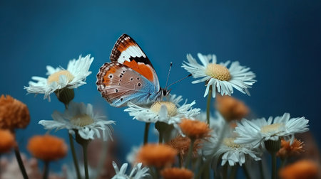 Abstract background with butterfly sitting on chamomile in close up view. Daisy flowers and beautiful butterfly. Summer landscape wallpaper. Horizontal illustration for banner design. Generative AIの写真素材